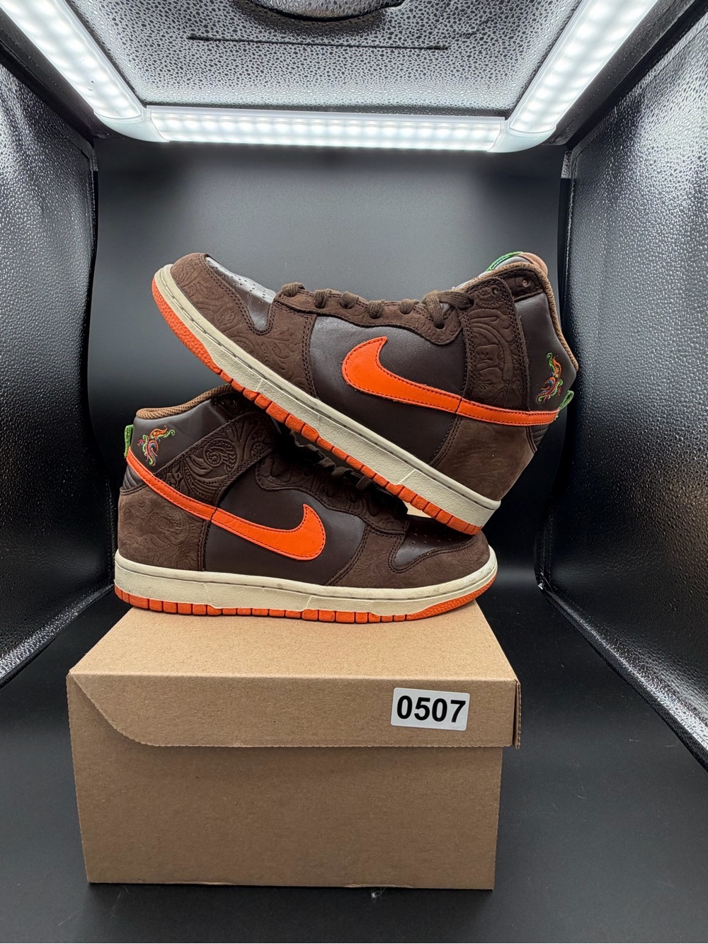 Nike Dunk High Brown with Orange Swoosh Mario Gras 8 W used in great condition!!